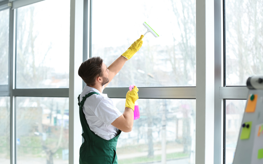 Janitor Cleaning Windows On Campus